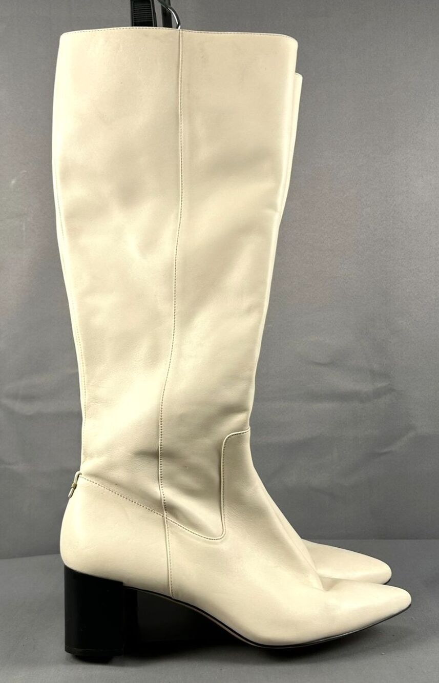 Calvin Klein Nolina Off White Leather Tall Boots Womens 9M EU 39 Pointed Block